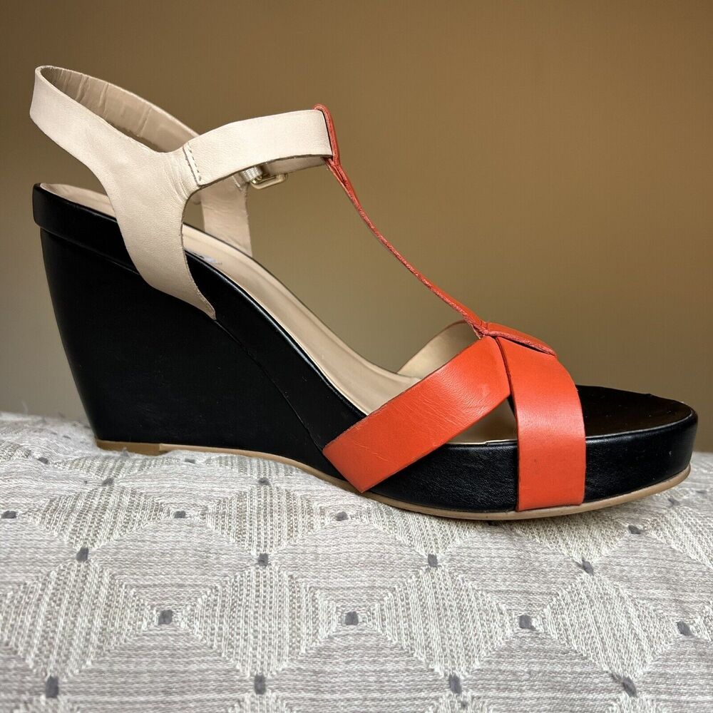 Dune London Gangster Orange Black‎ Tan Leather Wedge Sandal Shoes EU 40 US 10 - Picture 3 of 16